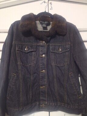 adidas Dark Denim Jean Jacket with Brown Faux Fur Collar
